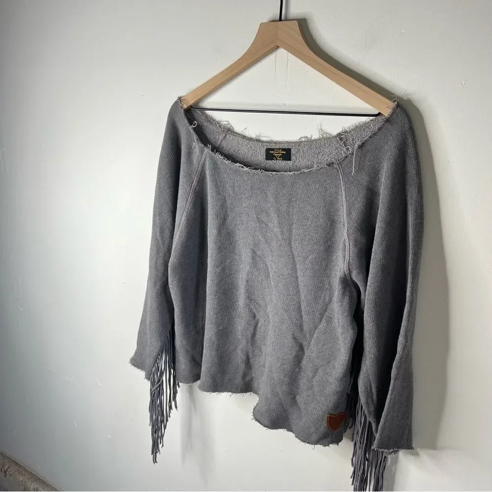 Hollywood Trading Company Gray Fringe Raw Hem Sweatshirt Large - Picture 5 of 12